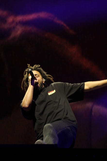J. Cole performs during Dreamville Festival at Dorothea Dix Park in Raleigh on Sunday, April 2, 2023.