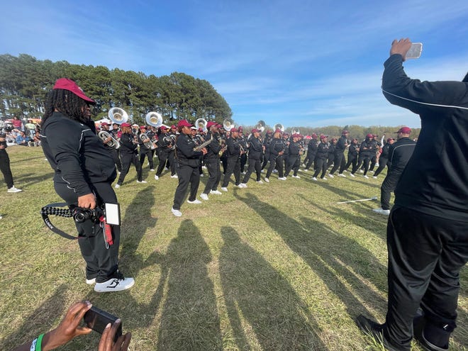 North Carolina Central University's marching band performs at Dreamville Festival on Saturday at Dorothea Dix Park in Raleigh.