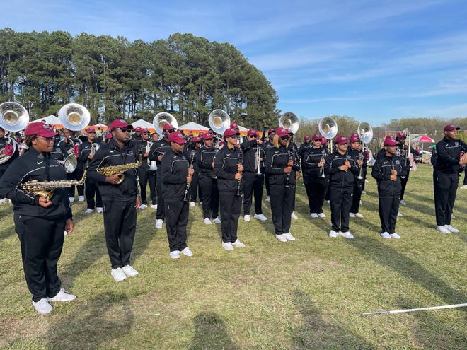 North Carolina Central University's marching band performs at Dreamville Festival on Saturday at Dorothea Dix Park in Raleigh.