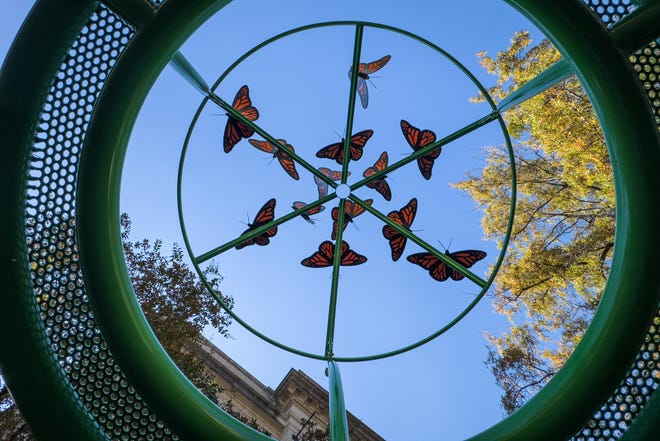 “Round Butterfly Bench” by Jim Galluci is located at Hay and Maxwell streets. This piece is part of the ArtScape 7 public art display put on by The Arts Council of Fayetteville/Cumberland County.
