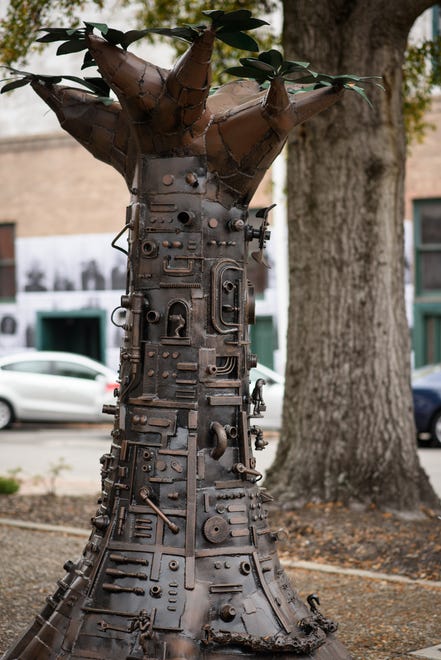 "Tree of Good and Evil" by Charles Pilkey is located on Maxwell Street. This piece is part of the city’s permanent public art pieces.