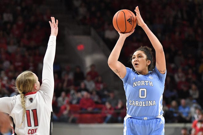 North Carolina's Alexandra Zelaya (0) takes the jump shot over N.C State's Maddie Cox (11) during the first half. The N.C. State Wolfpack and the North Carolina Tar Heels met in a regular-season game in Raleigh, N.C., on Feb. 1, 2024.