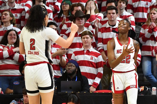 N.C.State's Saniya Rivers (22) reacts to being fouled during the first half against North Carolina. The N.C. State Wolfpack and the North Carolina Tar Heels met in a regular-season game in Raleigh, N.C., on Feb. 1, 2024.