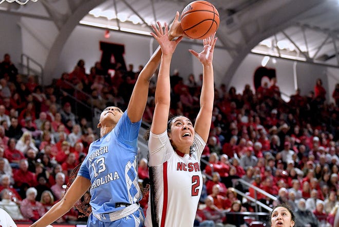 North Carolina's Teonni Key (13) competes with N.C State's Mimi Collins (2) for the rebound during the first half. The N.C. State Wolfpack and the North Carolina Tar Heels met in a regular-season game in Raleigh, N.C., on Feb. 1, 2024.