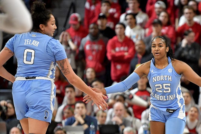 North Carolin's Deja Kelly (25) congratulates Alexandra Zelaya after a play against N.C State during the first half. The N.C. State Wolfpack and the North Carolina Tar Heels met in a regular-season game in Raleigh, N.C., on Feb. 1, 2024.