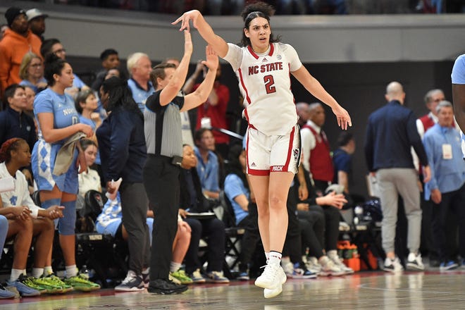 N.C. State's Mimi Colliins (2) reacts after draining a 3-pointer against North Carolina at the end of the first half. The N.C. State Wolfpack and the North Carolina Tar Heels met in a regular-season game in Raleigh, N.C., on Feb. 1, 2024.
