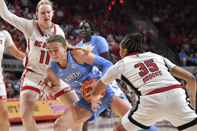 North Carolina's Alyssa Uslby (1) drives to the basket against N.C. State's Zoe Brooks (35) and Maddie Cox (11) during the first half. The N.C. State Wolfpack and the North Carolina Tar Heels met in a regular-season game in Raleigh, N.C., on Feb. 1, 2024.