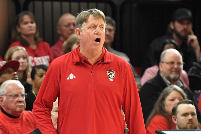 N.C State head coach Wes Moore reacts to action on the court against North Carolina during the second half. The N.C. State Wolfpack and the North Carolina Tar Heels met in a regular-season game in Raleigh, N.C., on Feb. 1, 2024.