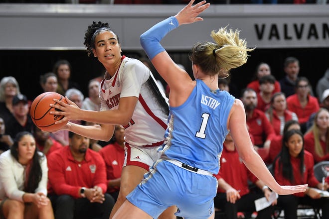 N.C State's Madison Hayes (21) looks to pass around North Carolina's Alyssa Ustby (1) during the second half. The N.C. State Wolfpack and the North Carolina Tar Heels met in a regular-season game in Raleigh, N.C., on Feb. 1, 2024.
