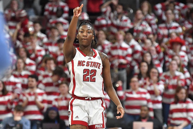 N.C State's Saniya Rivers (22) reacts after scoring against North Carolina during the second half. The N.C. State Wolfpack and the North Carolina Tar Heels met in a regular-season game in Raleigh, N.C., on Feb. 1, 2024.