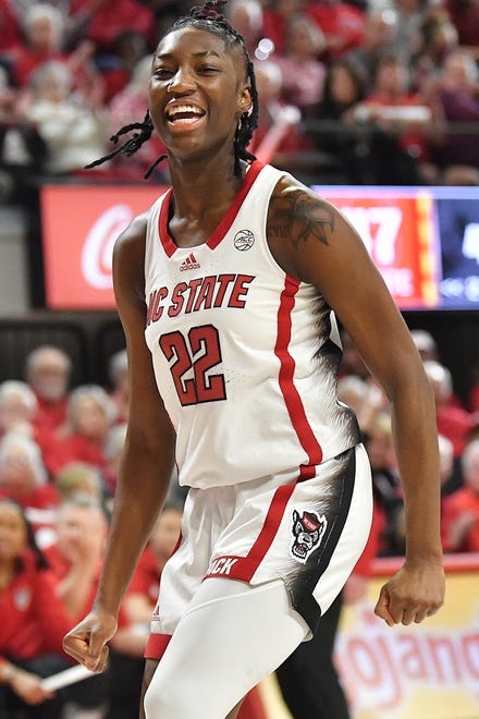 N.C State's Saniya Rivers (22) reacts after scoring against North Carolina during the second half. The N.C. State Wolfpack and the North Carolina Tar Heels met in a regular-season game in Raleigh, N.C., on Feb. 1, 2024.