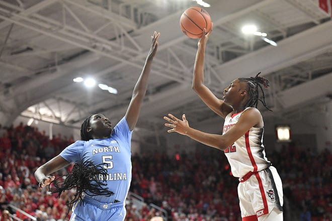 N.C State's Saniya Rivers (22) launches the one-handed shot over North Carolina's Maria Gakdeng (5) during the fourth quarter. The N.C. State Wolfpack and the North Carolina Tar Heels met in a regular-season game in Raleigh, N.C., on Feb. 1, 2024.