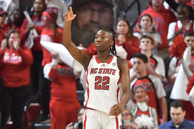 N.C State's Saniya Rivers (22) reacts to scoring against North Carolina during thr fourth quarter. The N.C. State Wolfpack and the North Carolina Tar Heels met in a regular-season game in Raleigh, N.C., on Feb. 1, 2024.