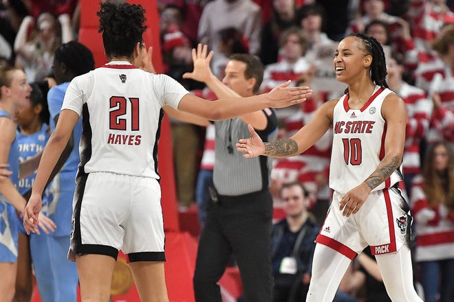N.C State's Aziaha James (10) and Madison Hayes (21) celebrate after a call against North Carolina late in the fourth quarter. The N.C. State Wolfpack and the North Carolina Tar Heels met in a regular-season game in Raleigh, N.C., on Feb. 1, 2024.