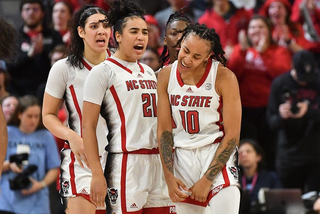 N.C State's Aziaha James (10) , Madison Hayes (21) and teammates celebrate a call against North Carolina late in the fourth quarter. The N.C. State Wolfpack and the North Carolina Tar Heels met in a regular-season game in Raleigh, N.C., on Feb. 1, 2024.