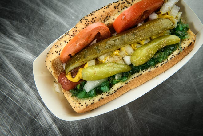 A Chicago dog from Dogslingers at 2801 Raeford Road.