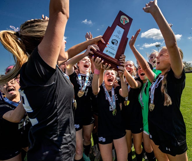February 23, 2024: Lakeland Christian soccer players celebrate after winning the Championship game at Lake Myrtle Sports Complex in Auburndale, Florida.