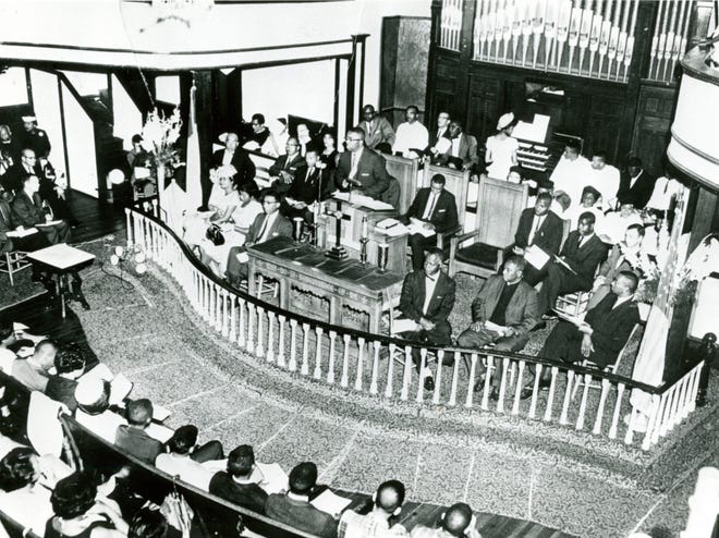 Mass rally of the Fayetteville Chapter of the NAACP on June 16, 1963 At Evans Metropolitan AME Zion Church in Fayetteville . The keynote speaker was Floyd McKissick. Willis McLeod attending the rally.
