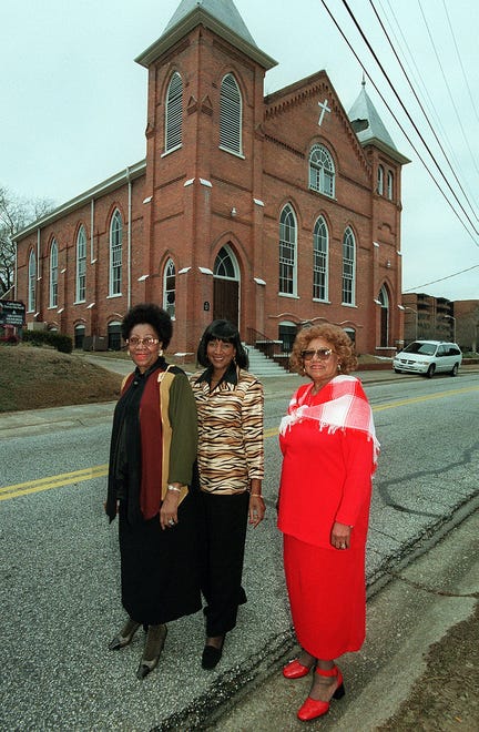 Evans Metropolitan AME Zion Church members Arnetha T. Robinson, left to right, Winona Humphrey and Marian K. McKinney, Chairperson bicentennial committee in 2001.