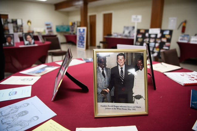 A photograph of Aaron and Mattie Johnson meeting President Ronald Reagan is on display at Mt. Sinai Missionary Baptist Church’s museum.