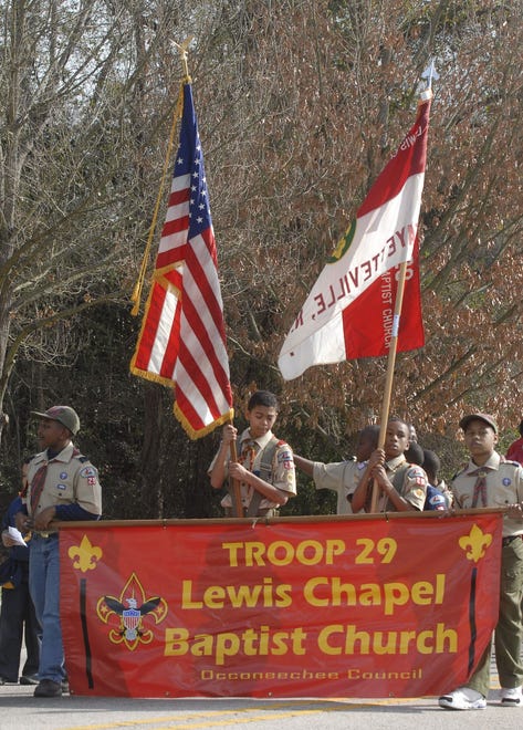 Troop 29 from Lewis Chapel Baptist Church march in the Martin Luther King parade in Fayetteville on Saturday, Jan. 13, 2007.