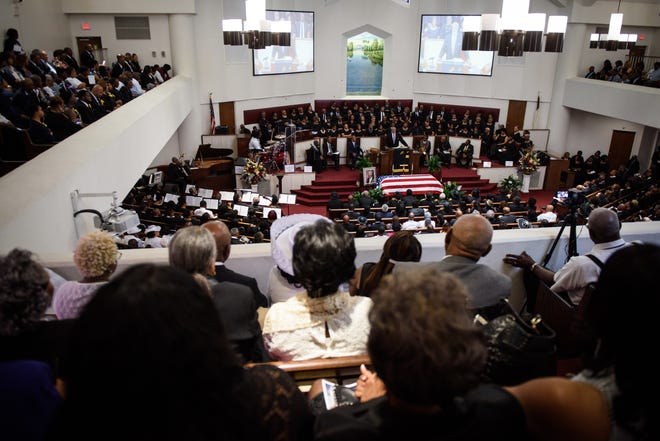Rev. Clifford Jones gives the eulogy at the funeral service for the Rev. John Fuller at Lewis Chapel Missionary Baptist Church on Saturday, June 1, 2019.