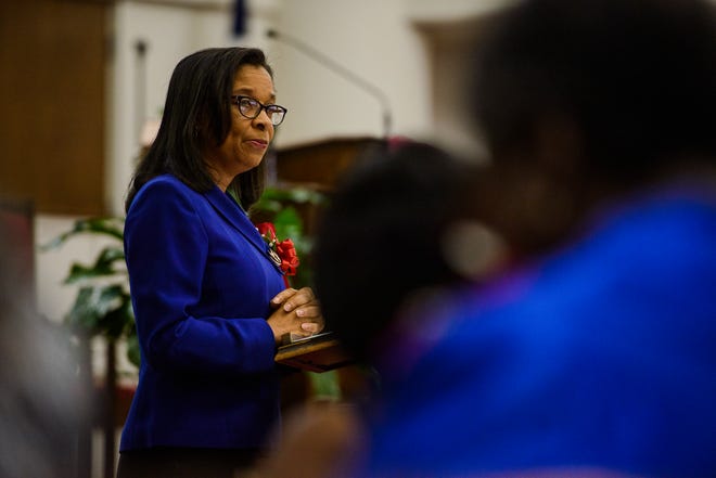 Speaker Gale Adams, a superior court judge for the 12th Judicial District, gives a speech during the annual crowning for the Mother of the Year Program by the Fayetteville branch of the NAACP on Sunday April 23, 2017 at Lewis Chapel Missionary Baptist Church.