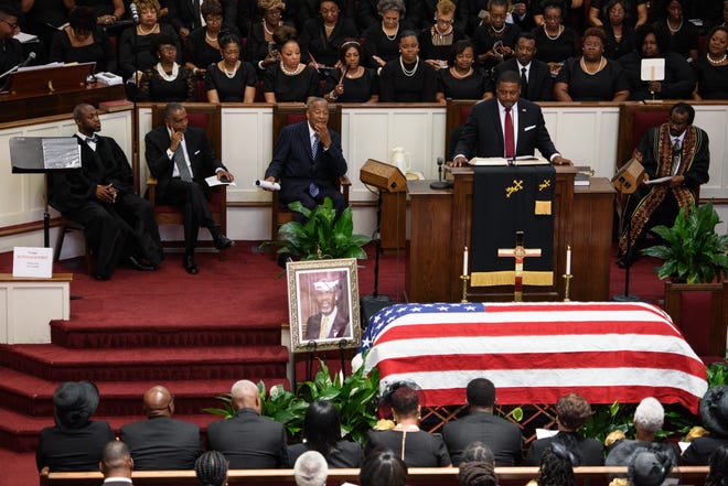 Fayetteville Mayor Mitch Colvin speaks at the funeral service for the Rev. John Fuller at Lewis Chapel Missionary Baptist Church on Saturday, June 1, 2019.