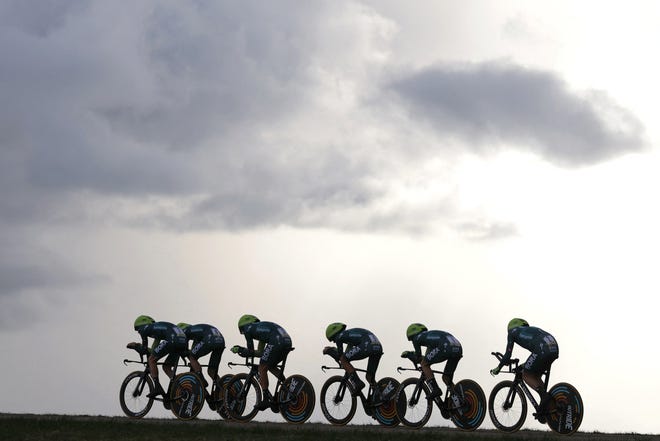 March 5, 2024 : BORAHansgrohe's team competes during the 3rd stage of the Paris-Nice cycling race, 26,9 km team time trial between Auxerre and Auxerre, France.