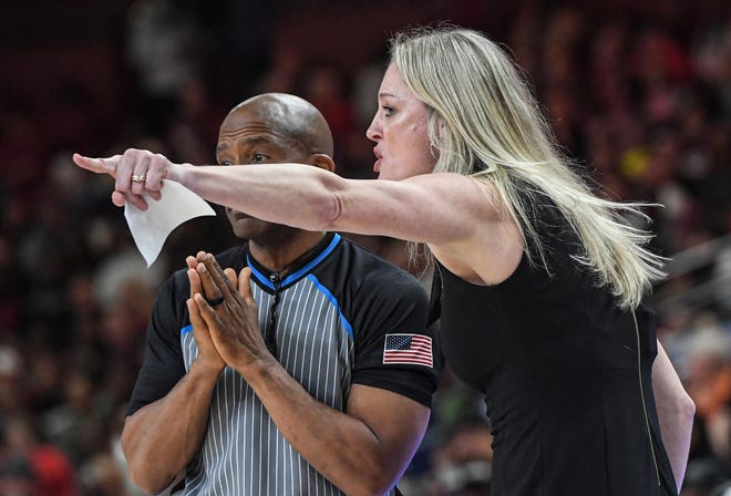 Tennessee Head Coach Kellie Harper talks with a referee in the game with South Carolina Gamecocks during the second quarter of the SEC Women's Basketball Tournament game at the Bon Secours Wellness Arena in Greenville, S.C. Saturday, March 9, 2024.