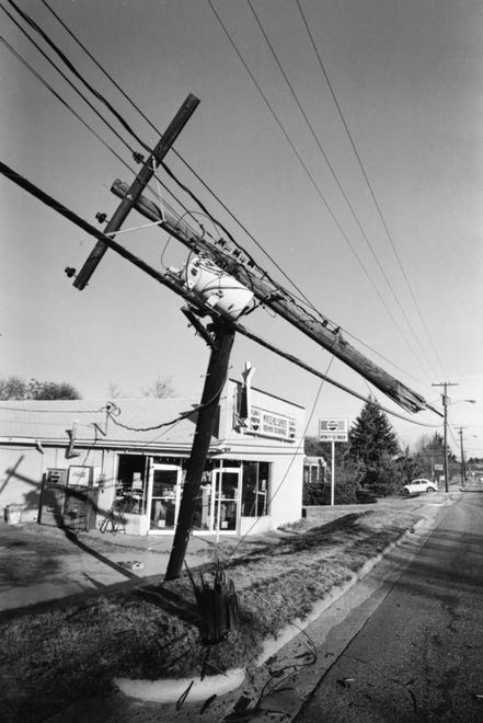 Broken telephone pole on Ramsey Street on Dec. 1, 1973.
