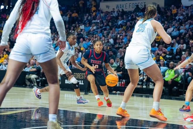 Terry Sanford takes on West Rowan in the 2024 NCHSAA girls' basketball 3A state championship on Friday, March 15, at Lawrence Joel Veterans Memorial Coliseum on Winston Salem.