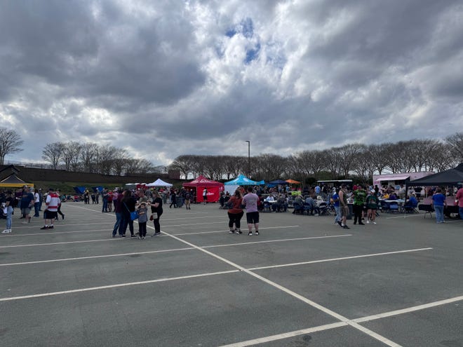 A view of tents and food trucks from inside the Fayetteville Eats Food Festival at Crown Coliseum, March 16, 2024.