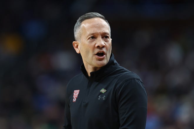 Texas Tech's head basketball coach Grant McCasland looks on during the first half of a game against the NC State in the first round of the NCAA Men's Basketball Tournament, Thursday, March 21, 2024, at PPG PAINTS Arena in Pittsburgh, Pennsylvania.