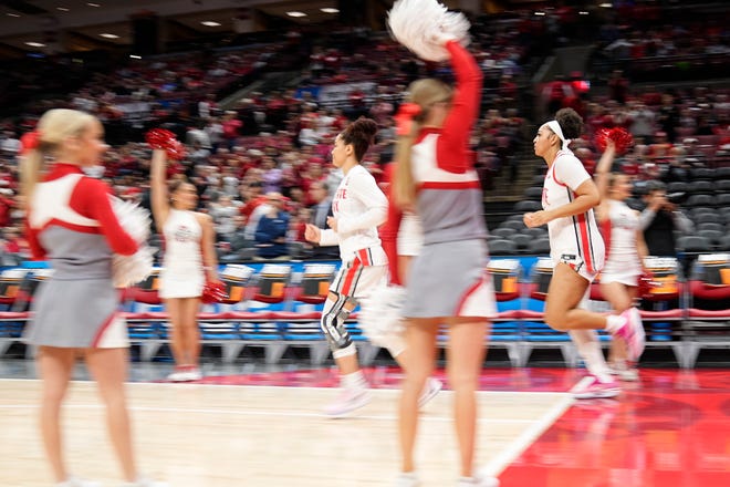 Mar 22, 2024; Columbus, OH, USA; Ohio State Buckeyes guard Madison Greene (0) and forward Taiyier Parks (14) take the court prior to the women’s basketball NCAA Tournament first round game against the Maine Black Bears at Value City Arena.