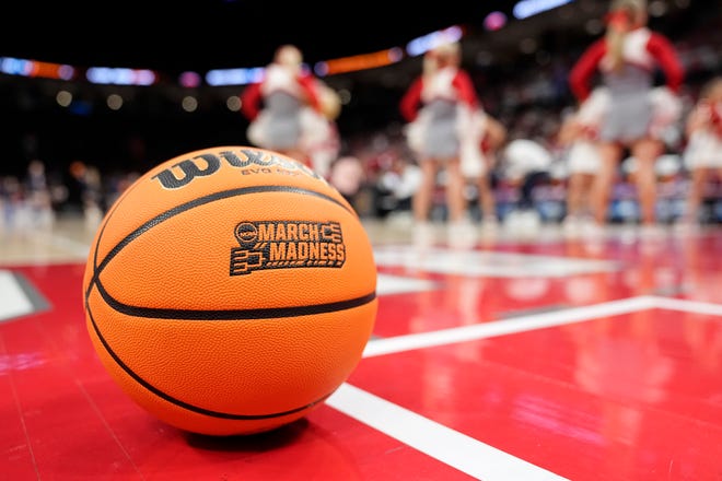 Mar 22, 2024; Columbus, OH, USA; A basketball sits beside the court prior to the women’s basketball NCAA Tournament first round game between the Ohio State Buckeyes and the Maine Black Bears at Value City Arena.