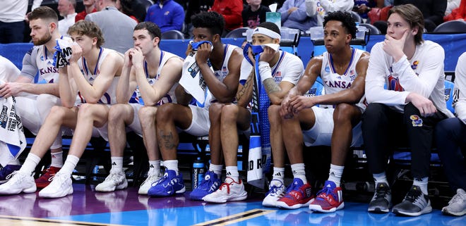 The Kansas Jayhawks bench looks on during a second-round loss to Gonzaga.