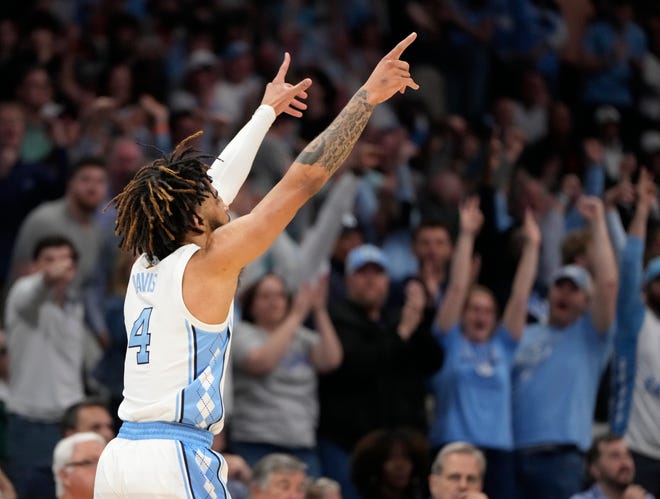 North Carolina Tar Heels guard RJ Davis (4) reacts against the Michigan State Spartans in the second round of the 2024 NCAA Tournament on Saturday at the Spectrum Center in Charlotte, N.C.