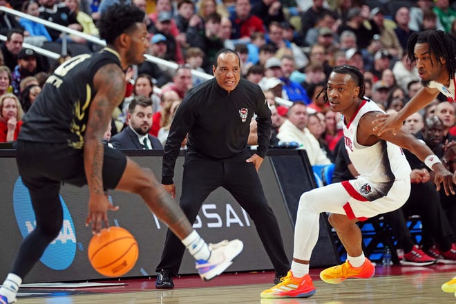 Mar 23, 2024; Pittsburgh, PA, USA; North Carolina State Wolfpack head coach Kevin Keatts watches a play during the first half of the against the Oakland Golden Grizzlies in the second round of the 2024 NCAA Tournament at PPG Paints Arena. Mandatory Credit: Gregory Fisher-USA TODAY Sports