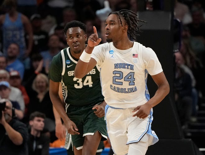 North Carolina Tar Heels forward Jae'Lyn Withers (24) reacts against the Michigan State Spartans in the second round of the 2024 NCAA Tournament on Saturday at the Spectrum Center in Charlotte, N.C.
