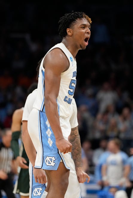 North Carolina Tar Heels forward Harrison Ingram (55) reacts against the Michigan State Spartans in the second round of the 2024 NCAA Tournament on Saturday at the Spectrum Center in Charlotte, N.C.