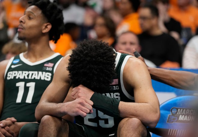 Michigan State Spartans forward Malik Hall (25) reacts against the North Carolina Tar Heels in the second half in the second round of the 2024 NCAA Tournament on Saturday at the Spectrum Center in Charlotte, N.C.