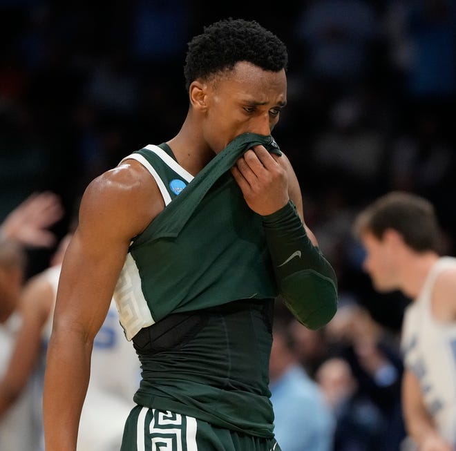 Michigan State's Tyson Walker reacts during the second half of a second-round loss to North Carolina.
