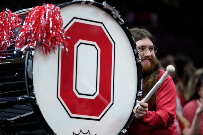 Mar 24, 2024; Columbus, OH, USA; Nathan Varda, a sophomore percussionist from Upper Arlington, and the Ohio State band perform prior to the women’s NCAA Tournament second round game against the Duke Blue Devils at Value City Arena.