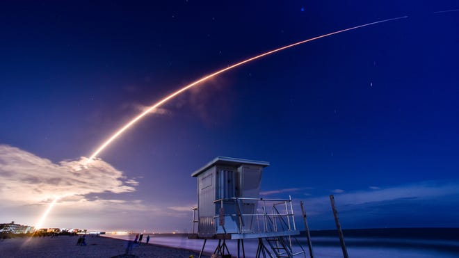 March 23, 2024 : A SpaceX Falcon 9 rocket launched the company's latest batch of Starlink internet satellites from Launch Pad 39A at Kennedy Space Center on its 6-42 Mission. The rocket launched at 11:09 p.m.
