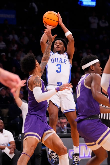 Mar 24, 2024; Brooklyn, NY, USA; Duke Blue Devils guard Jeremy Roach (3) shoots the ball against the James Madison Dukes in the second round of the 2024 NCAA Tournament at Barclays Center. Mandatory Credit: Robert Deutsch-USA TODAY Sports