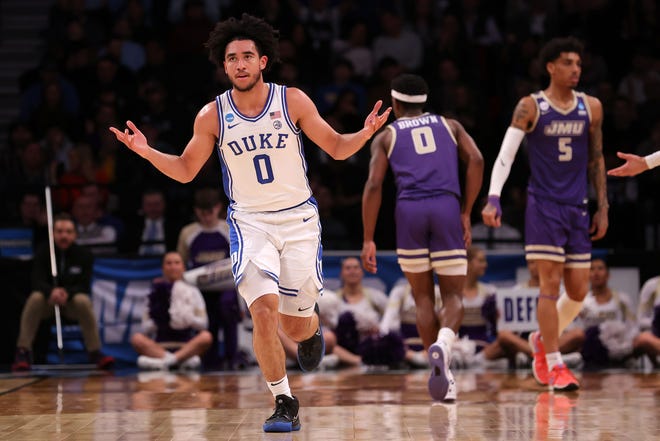 Mar 24, 2024; Brooklyn, NY, USA; Duke Blue Devils guard Jared McCain (0) reacts after a basket against the James Madison Dukes in the second round of the 2024 NCAA Tournament at Barclays Center. Mandatory Credit: Brad Penner-USA TODAY Sports