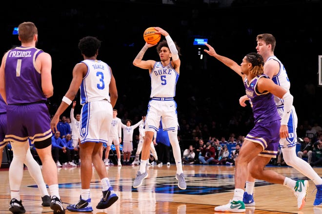 Mar 24, 2024; Brooklyn, NY, USA; Duke Blue Devils guard Tyrese Proctor (5) shoots the ball against the James Madison Dukes in the second round of the 2024 NCAA Tournament at Barclays Center. Mandatory Credit: Robert Deutsch-USA TODAY Sports