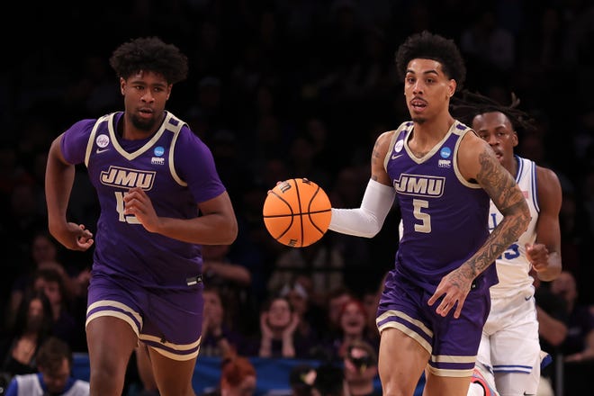 Mar 24, 2024; Brooklyn, NY, USA; James Madison Dukes guard Terrence Edwards Jr. (5) dribbles the ball against the Duke Blue Devils in the second round of the 2024 NCAA Tournament at Barclays Center. Mandatory Credit: Brad Penner-USA TODAY Sports