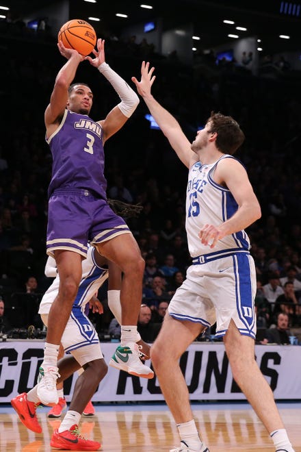 Mar 24, 2024; Brooklyn, NY, USA; James Madison Dukes forward T.J. Bickerstaff (3) shoots the ball against the Duke Blue Devils in the second round of the 2024 NCAA Tournament at Barclays Center. Mandatory Credit: Brad Penner-USA TODAY Sports